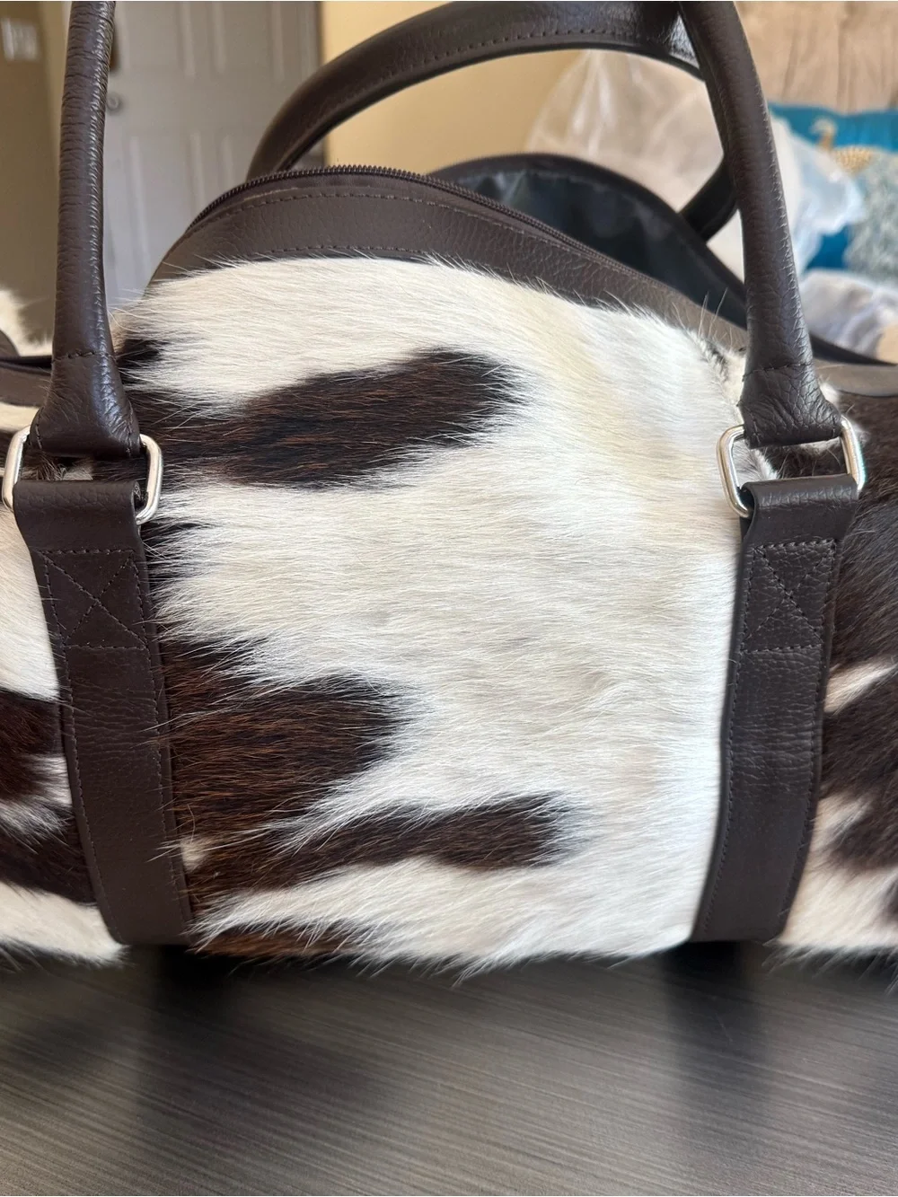 Genuine Cowhide Fur Duffle Bag with Dark Brown Leather Trim